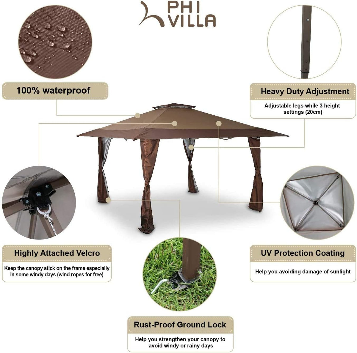 13'x13' Brown UV Block Sun Shade Gazebo Canopy with Hardware Kits O314
