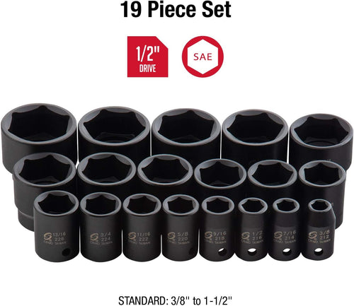 1/2 Inch Drive 19-Piece SAE Impact Socket Set with Heavy Duty Storage Case N6005