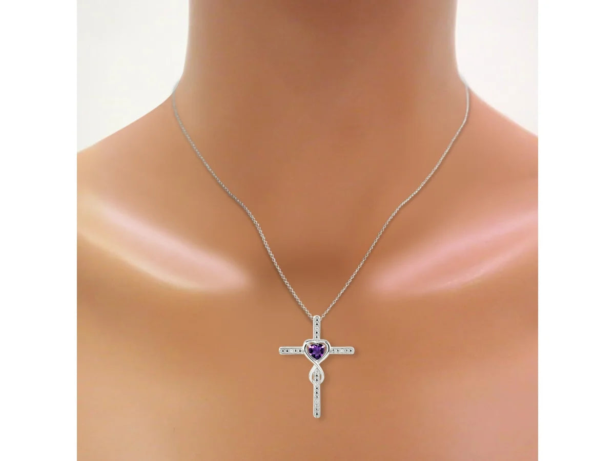 14K White Gold Claddah Friendship Ring & Cross Necklace 18" Chain Heart Gemstone & Diamonds 6MM Amethyst Birthstone Jewelry P79001