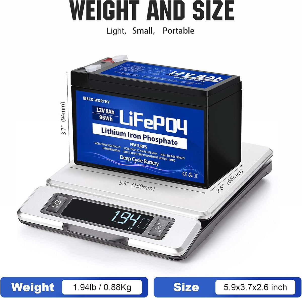 12V 8Ah LiFePO4 Lithium Iron Phosphate Battery Pack of 2 O541195