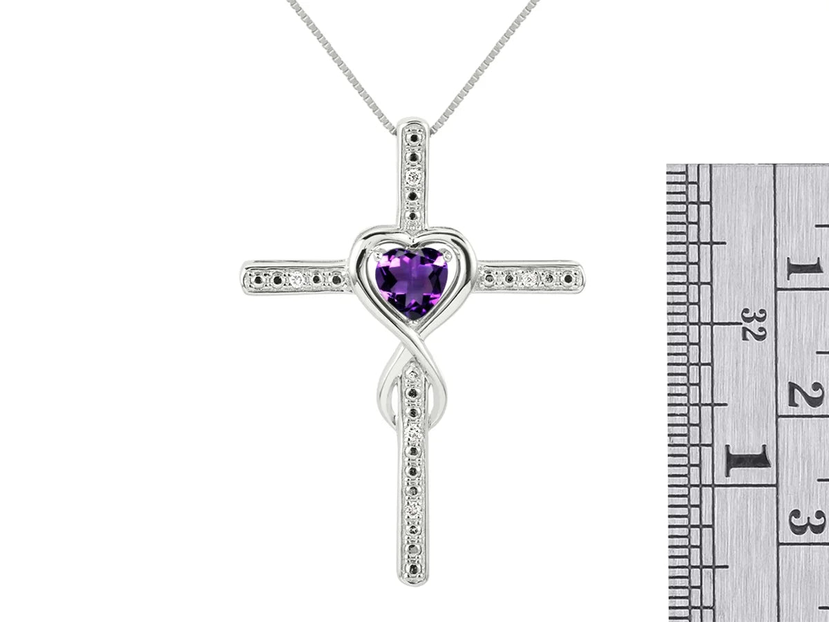 14K White Gold Claddah Friendship Ring & Cross Necklace 18" Chain Heart Gemstone & Diamonds 6MM Amethyst Birthstone Jewelry P79001