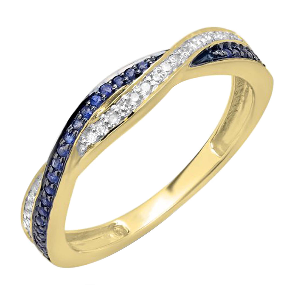 10K Yellow Gold Blue Sapphire White Diamond Ring Size 7.5 J326