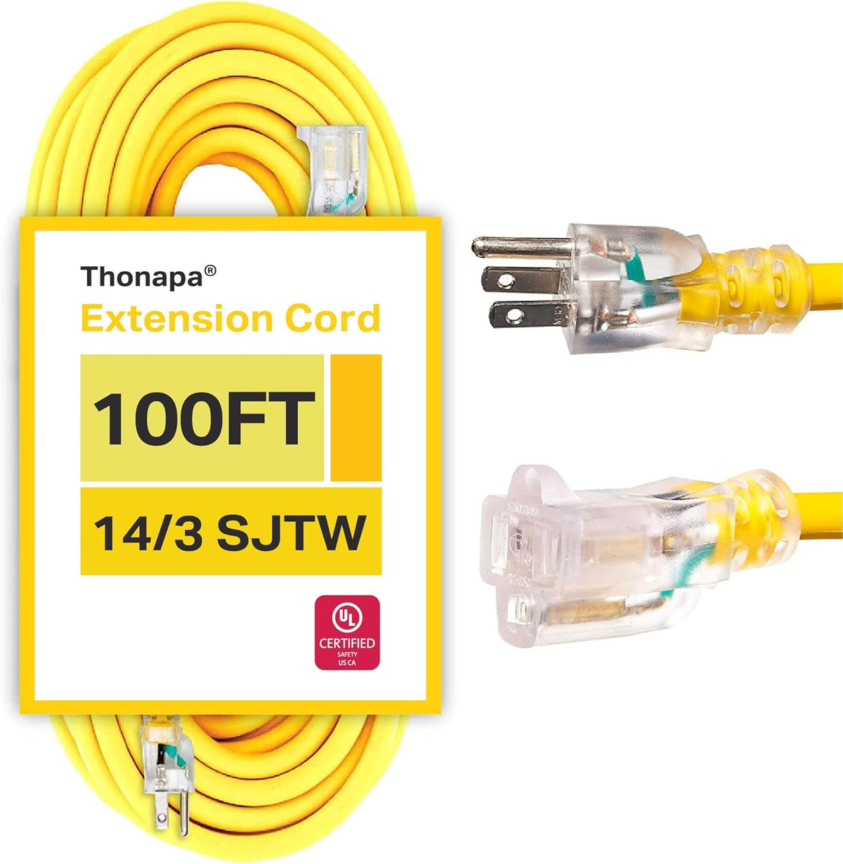 14/3 Heavy Duty Lighted Outdoor Extension Cord Yellow 3 Prong Grounded Plug 100 Ft SJTW P7518