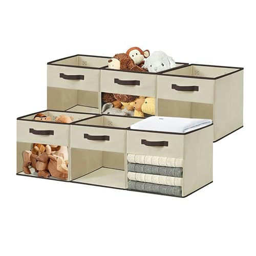 13 Inch Fabric Cube Storage Bins with Clear Window, Beige (6pcs) Y272