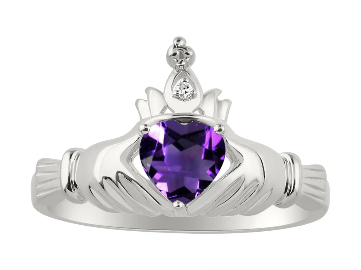 14K White Gold Claddah Friendship Ring & Cross Necklace 18" Chain Heart Gemstone & Diamonds 6MM Amethyst Birthstone Jewelry P79001