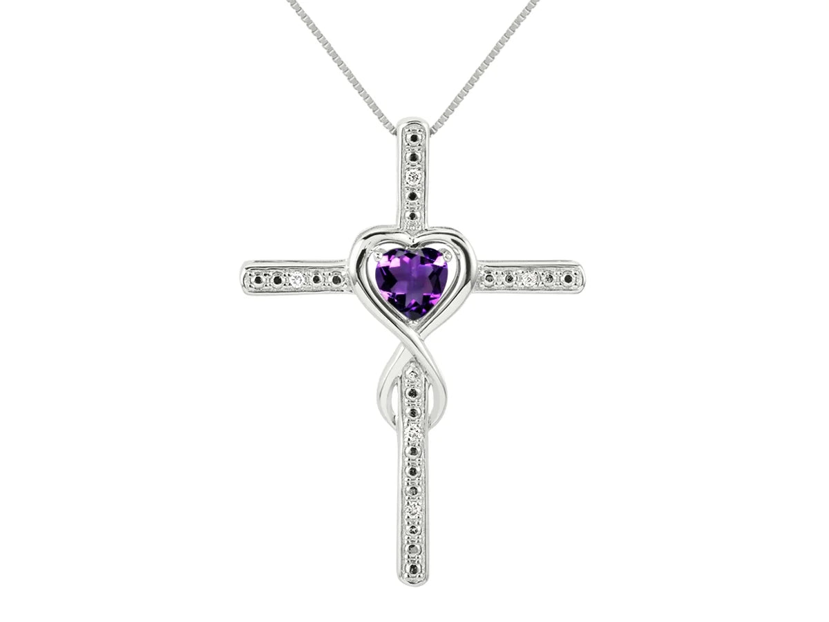 14K White Gold Claddah Friendship Ring & Cross Necklace 18" Chain Heart Gemstone & Diamonds 6MM Amethyst Birthstone Jewelry P79001