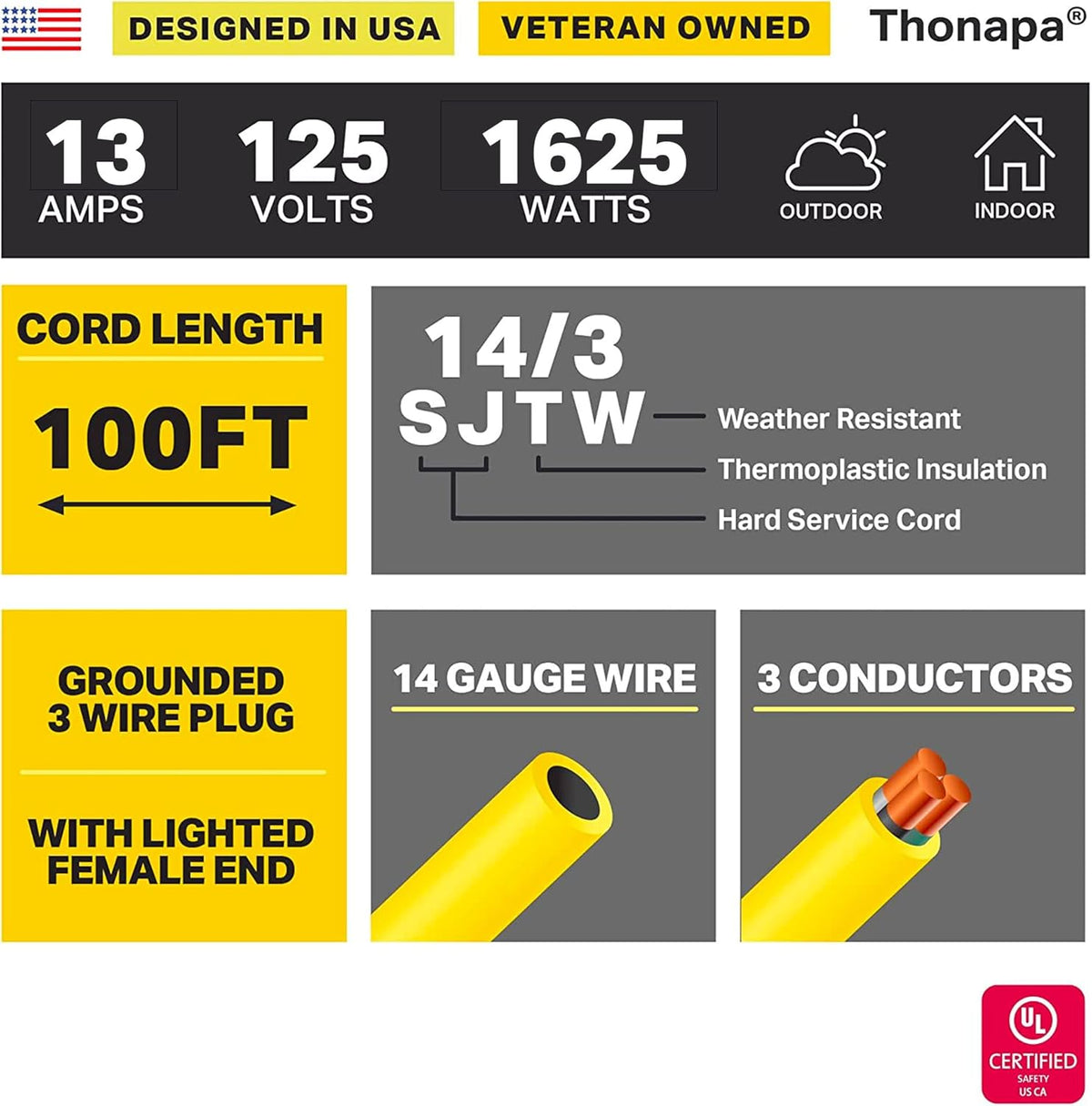 14/3 Heavy Duty Lighted Outdoor Extension Cord Yellow 3 Prong Grounded Plug 100 Ft SJTW P7518