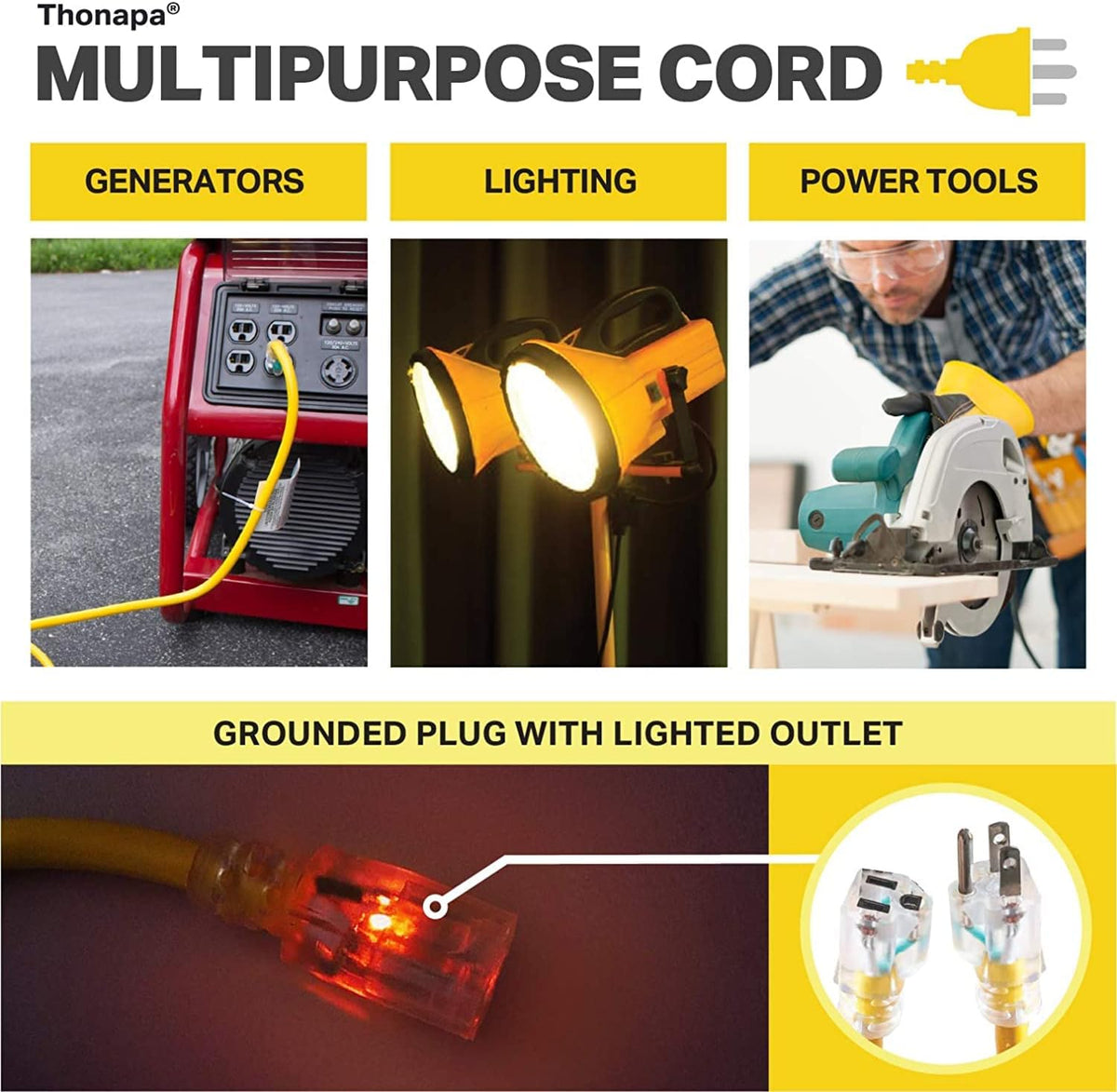 14/3 Heavy Duty Lighted Outdoor Extension Cord Yellow 3 Prong Grounded Plug 100 Ft SJTW P7518