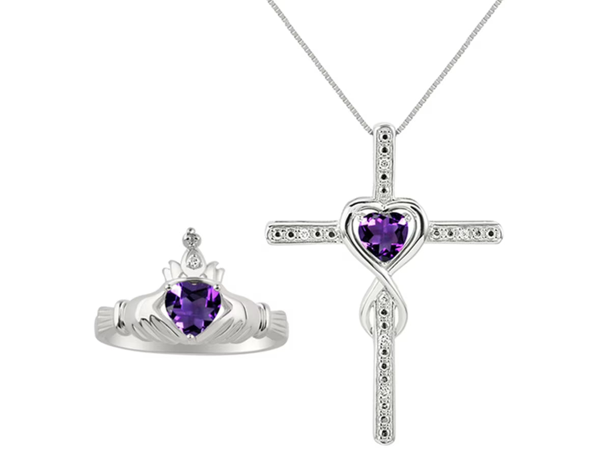 14K White Gold Claddah Friendship Ring & Cross Necklace 18" Chain Heart Gemstone & Diamonds 6MM Amethyst Birthstone Jewelry P79001